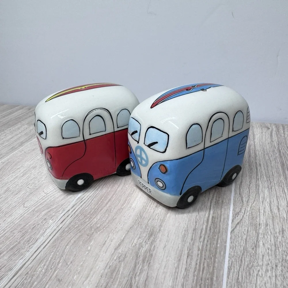 Vintage VW Bus Camper Salt Pepper Shakers Ceramic Red Blue Van Set